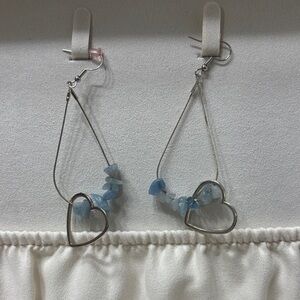 Silver Heart Drop Earrings with Blue Accents